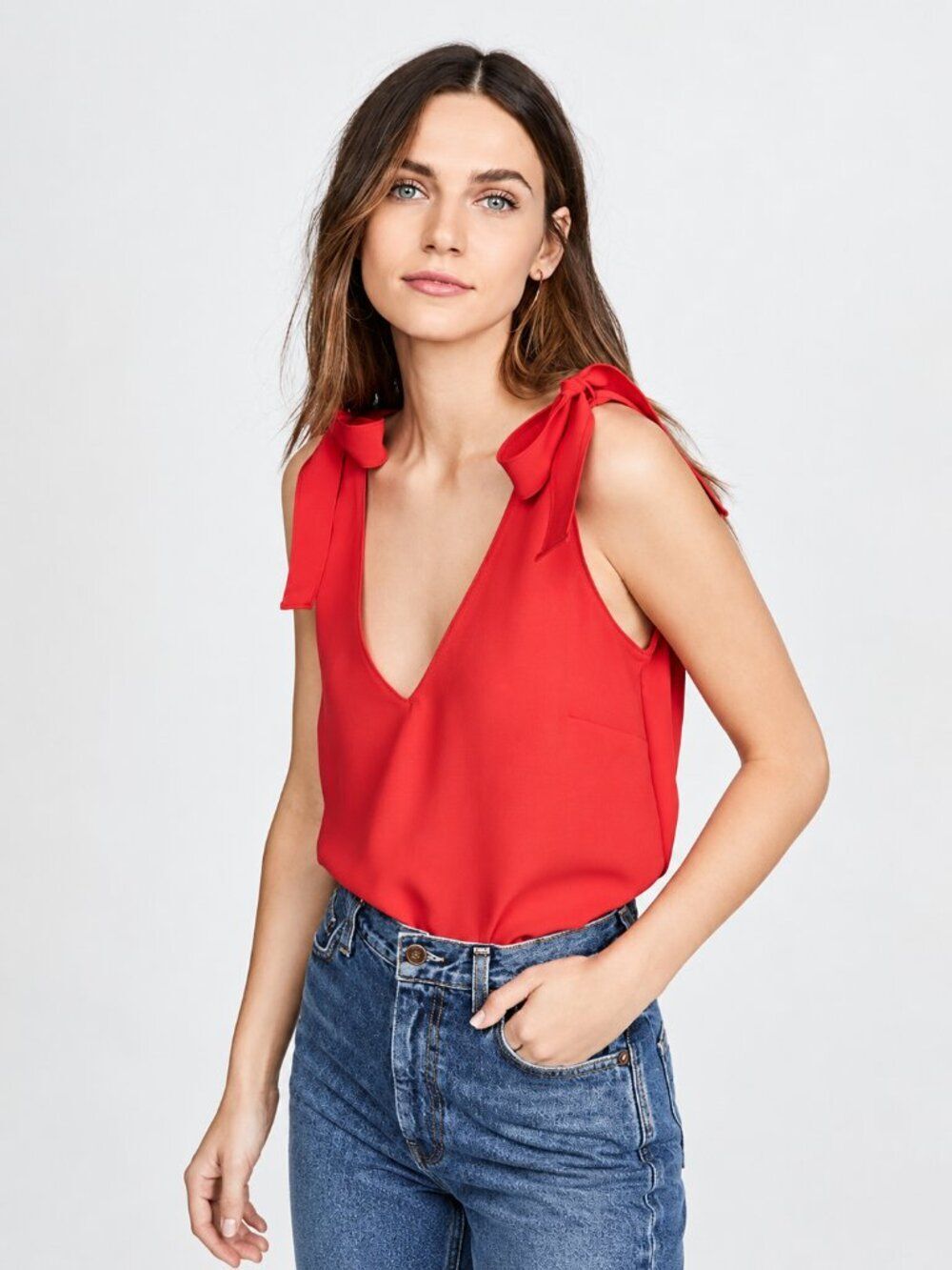 Amanda Uprichard Women M Red Tie Shoulder V-Neck Tank Top Bow Chic Party